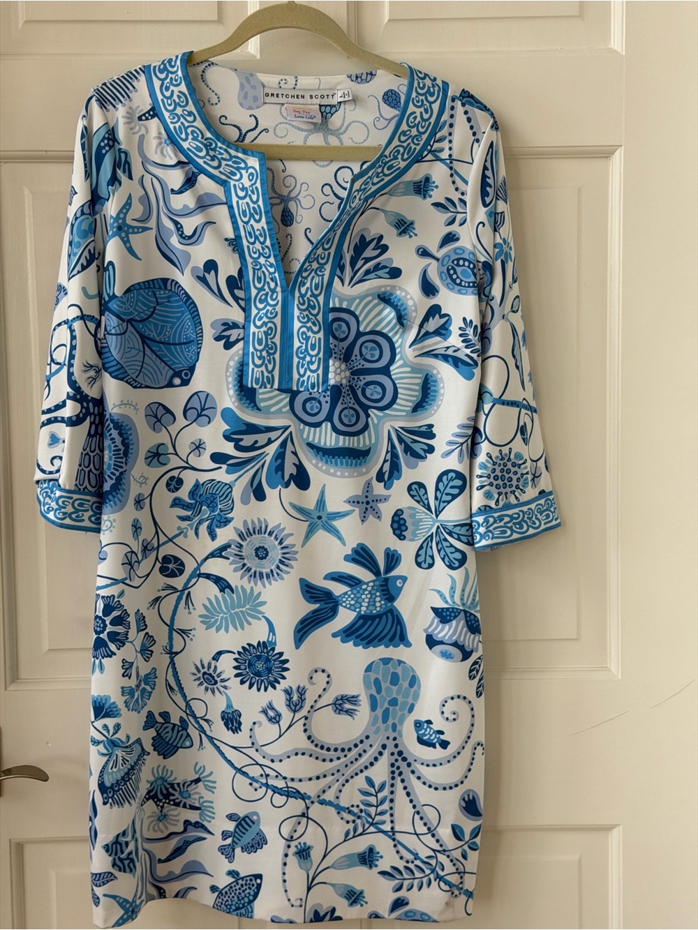Gretchen Scott Designs Blue & White Printed Tunic Dress Large